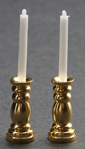 Dollhouse Miniature Brass Candlesticks & Candles 2Pc